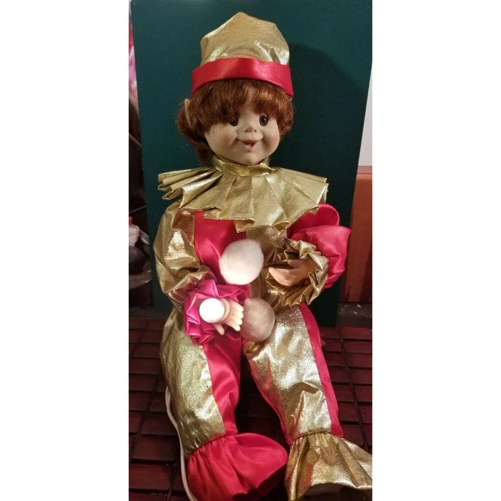 Vintage Animated Christmas Elf In Clown Suit With Light Up Candle 16.5